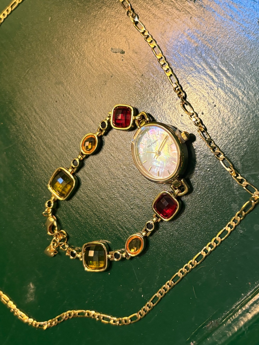 Gold Tone Watch Bracelet with Multi-Color Gem Accents and Gold Necklace - Picture 3 of 4